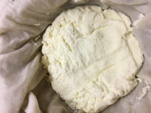 Ca. 8 Stunden später ist der Käse im Tuch fest geworden